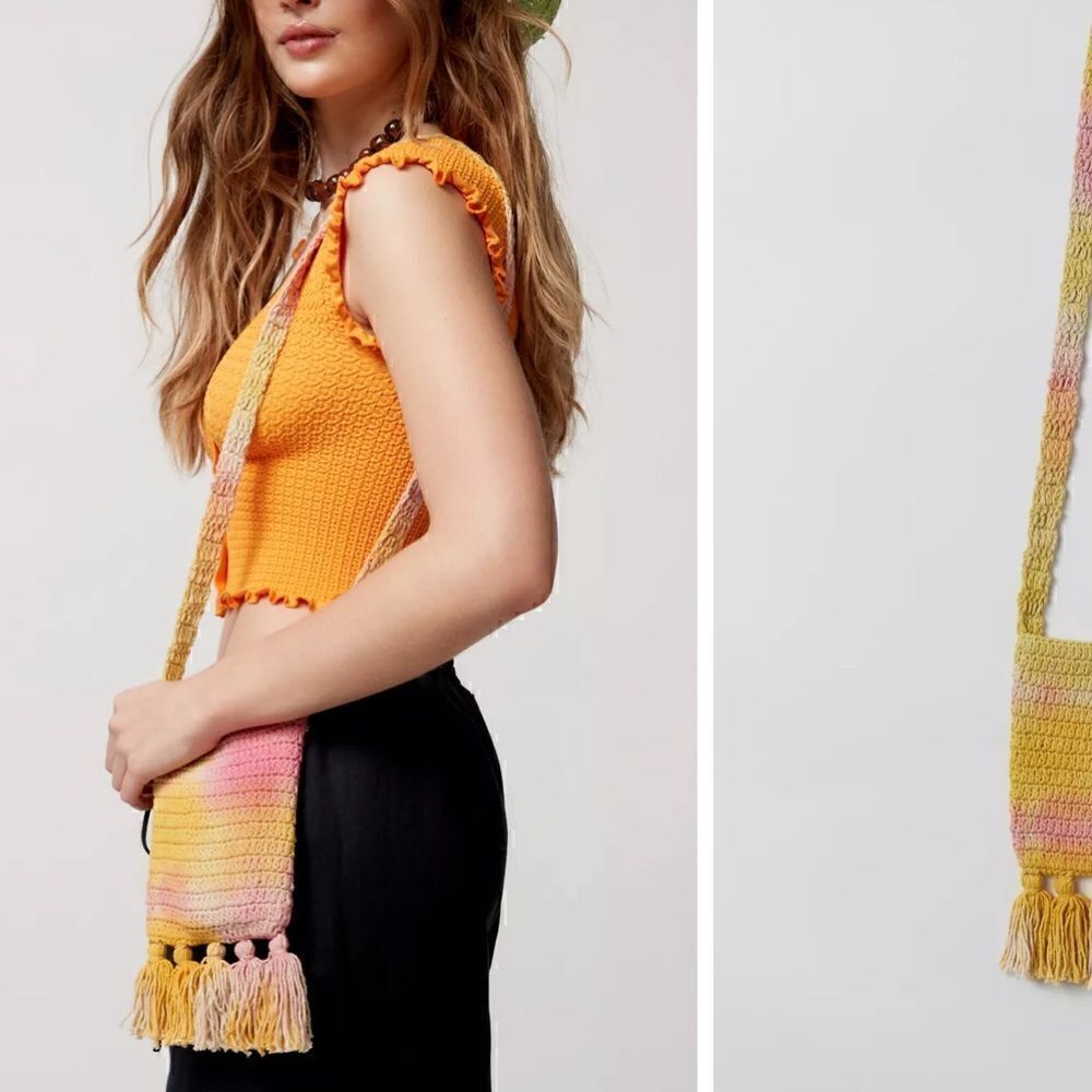 NWOT Urban Outfitters Woven Neck Pouch Purse Beachy Summer Fringe Yellow Pink